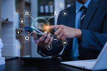 Digital transformation technology strategy, Person using laptop, tablet and smartphone with of things. transformation of ideas and the adoption..