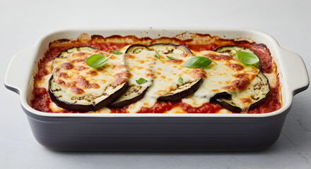 Baked Eggplant Parmesan Dish Topped With Melted Mozzarella and Fresh Basil