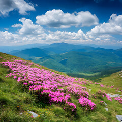 Fototapeta premium Pink Rhododendron Blooms on Mountainside with Scenic View