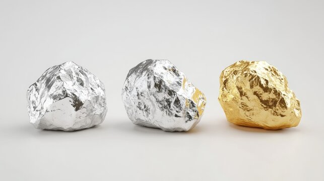 Three metallic nuggets, silver, metallic silver, and gold