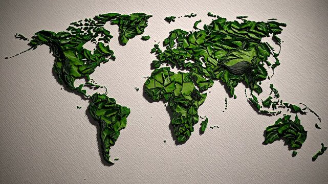 Green botanical world map emerging from interconnected leaves, representing global environmental harmony and ecological awareness against pristine white textured backdrop