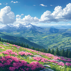 Fototapeta premium Stunning Mountain Valley Landscape with Blooming Pink Flowers