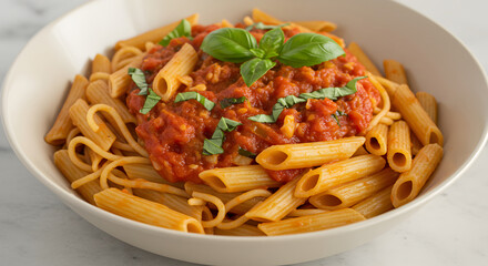 Penne Pasta With Fresh Tomato Sauce Topped With Basil Leaves