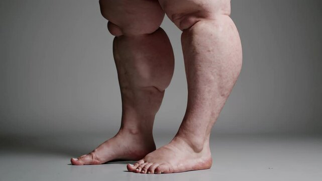 Obese person is standing, showing legs with lipedema, a medical condition characterized by excessive fat accumulation, on a gray background. human obesity