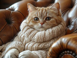 Orange tabby cat wrapped in chunky knit scarf, gazing directly at viewer on vintage leather armchair.