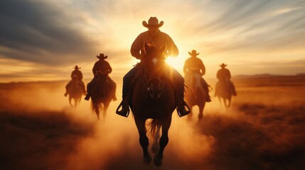 A determined group of cowboys charges forward into the sunset, embodying strength and unity on their horses through a dusty landscape with a captivating background.