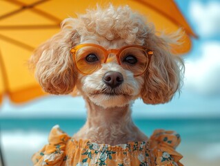 Curly-haired dog in floral orange dress poses under striped beach umbrella, turquoise ocean backdrop.