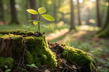 A small plant growing on a mossy tree stump in forest