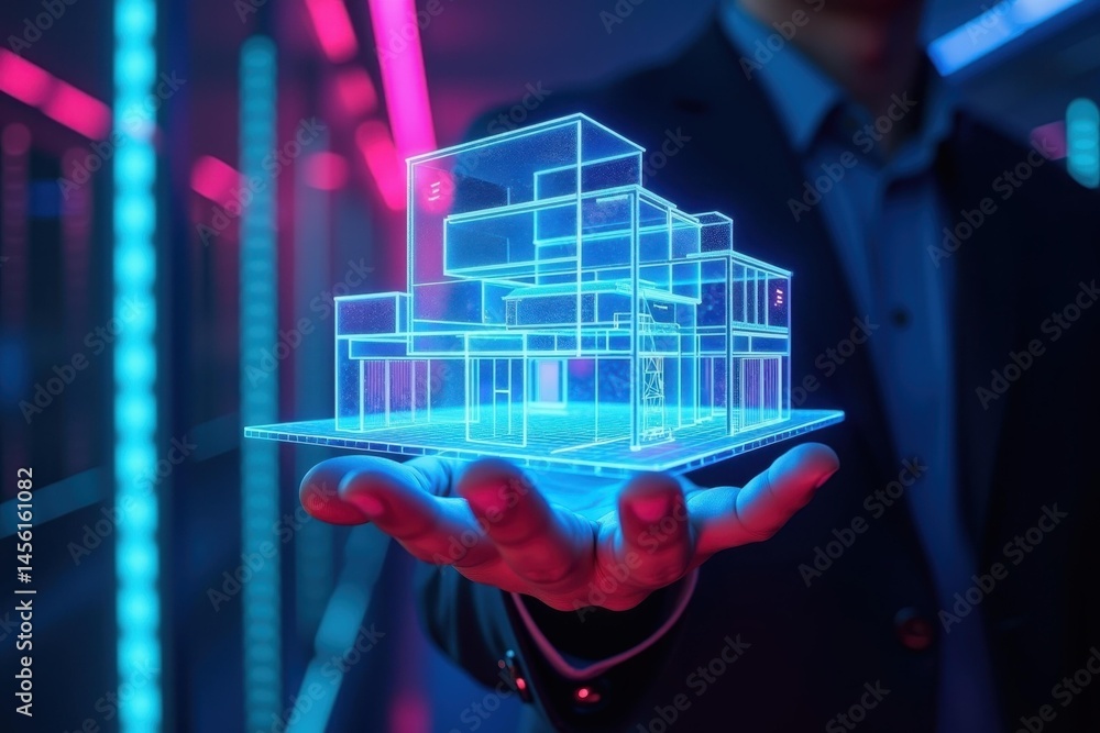 Poster man builds future.. man grasps device representing progress, symbolizing his construction of brighte