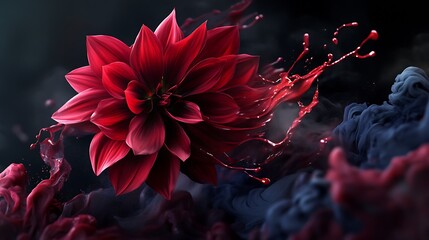 A luxurious red dahlia frozen in mid-air as a burst of crimson and indigo ink splashes around it 
