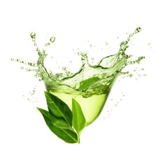 Green Tea Splash with Fresh Tea Leaf Isolated on White Background