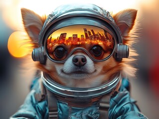 Chihuahua in silver astronaut suit with reflective visor, standing before cityscape sunset backdrop.