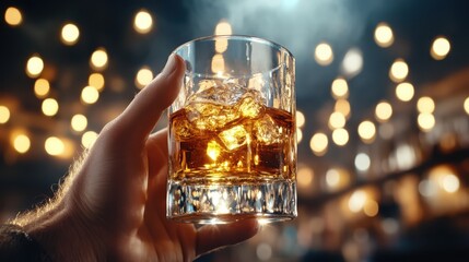 A hand holds a beautifully filled whiskey glass with ice, illuminated by a warm background, evoking a feeling of relaxation and indulgence in a cozy atmosphere.
