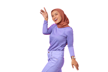 Portrait of beautiful young Asian woman dancing happy and cheerful isolated on transparent background