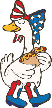 American patriotic goose girl in 4th of July Hand-drawn Cartoon, Retro goose on independence day 