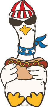 Cool American patriotic goose in 4th of July Hand-drawn Cartoon, Retro goose on independence day 