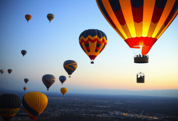 Obraz premium Vibrant balloons fill the sky as people enjoy the annual festival above the city during a beautiful sunset, creating a stunning display.
