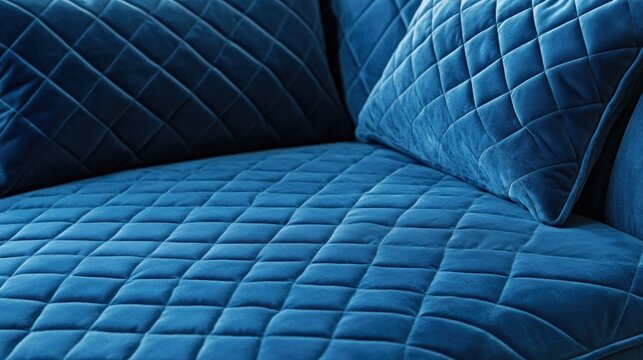 Luxurious cobalt blue velvet quilted sofa upholstery.  Close-up view of the diamond pattern