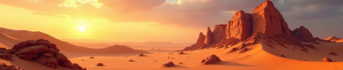 Naklejka premium Sun-baked dunes and jagged rocks dominate a harsh, arid landscape , ochre, texture, scenic