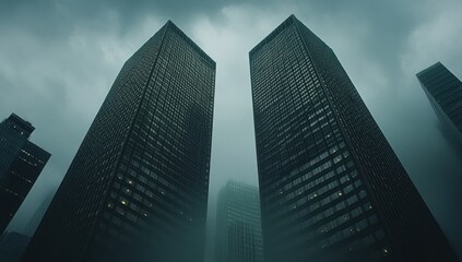 Foggy city skyscrapers