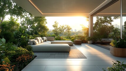 Bright urban rooftop garden lounge with minimalist design high resolution picture