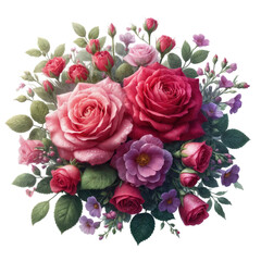 Bouquet of red and pink roses with water droplets, small purple flowers, green leaves, realistic style. Isolated on the white/transparent background cutout