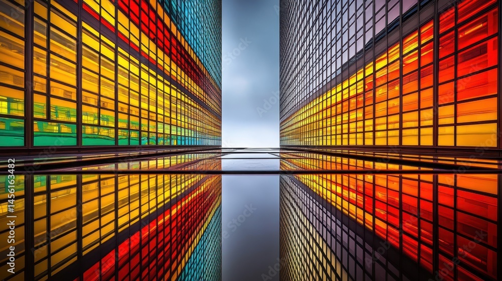 Poster chromatic cityscape mirrored reflecting urban architecture and vibrant color abstract pattern creati