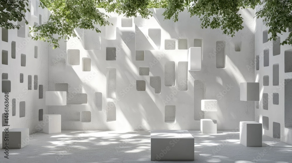 Poster Abstract 3D geometry in all-white setting with clean podium and soft shadows