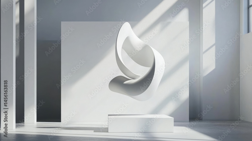 Aufkleber Abstract 3D geometry in all-white setting with clean podium and soft shadows