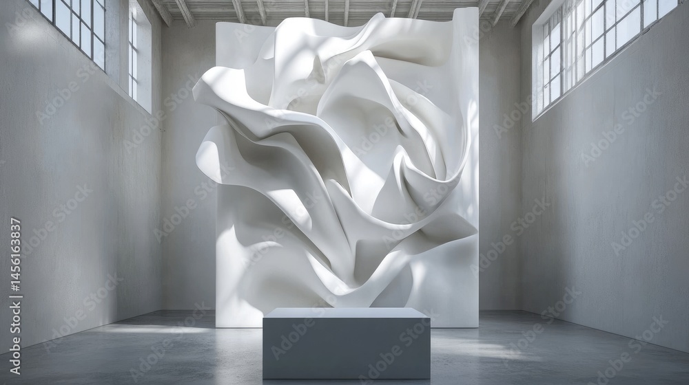 Poster Abstract 3D geometry in all-white setting with clean podium and soft shadows
