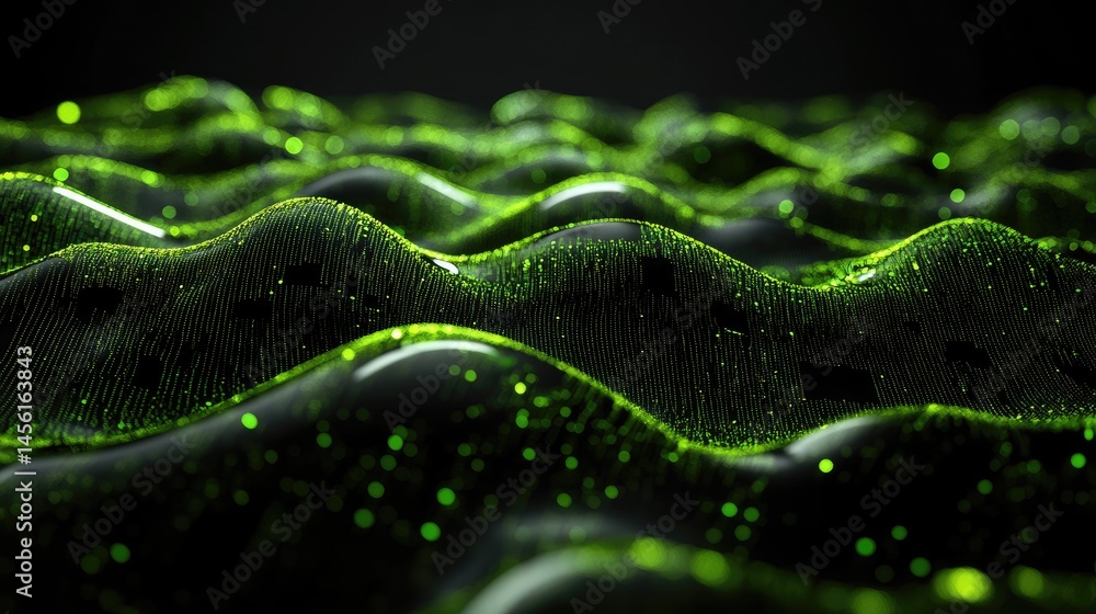 Poster abstract 3d grid of glowing green circuits, tech landscape for innovation background