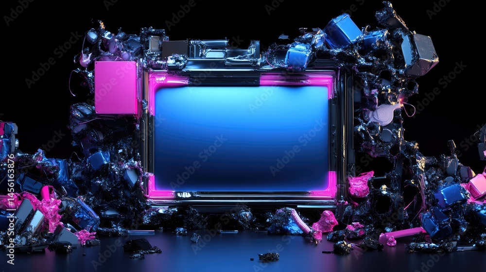 Poster abstract 3d futuristic frame with blue and pink lights layered on dark structure