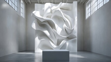 Abstract 3D geometry in all-white setting with clean podium and soft shadows