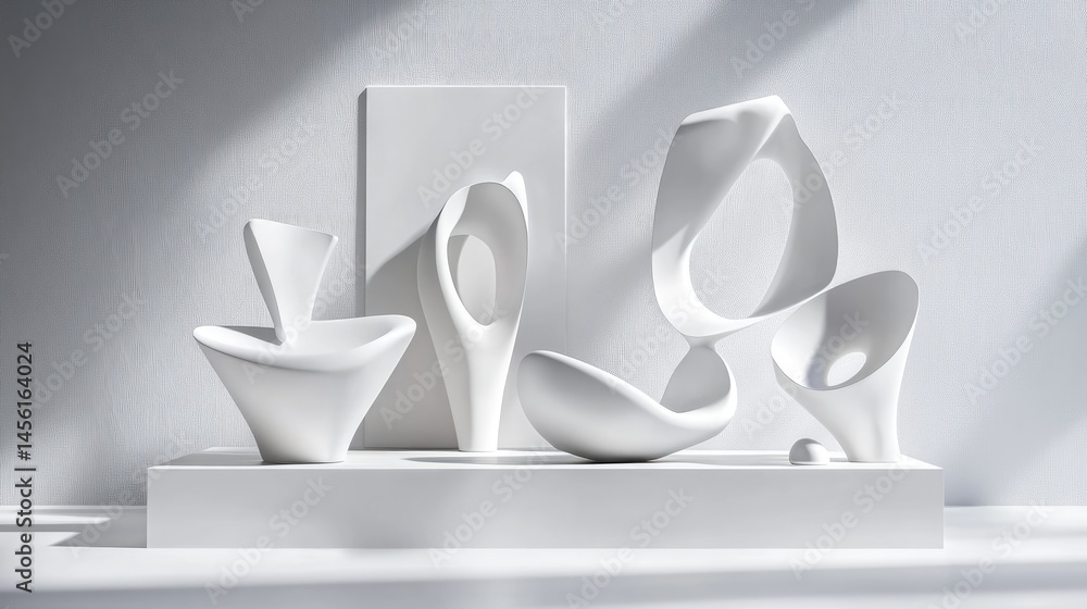 Poster Abstract 3D geometry in all-white setting with clean podium and soft shadows