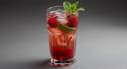 Refreshing Cherry Mint Cocktail With Ice Cubes For Summer Refreshment
