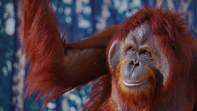 Charismatic orangutan revealing nuanced emotions and dynamic poses, communicating intricate inner world through compelling facial gestures against softly blurred rainforest background