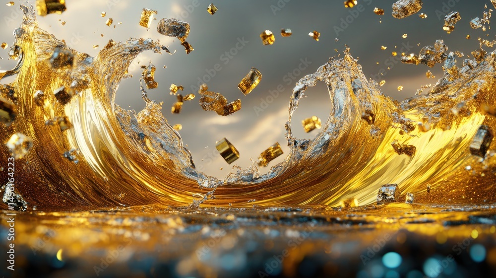 Poster 3D render of sparkling fantasy scene with chaotic gold foil and digital fractal art design