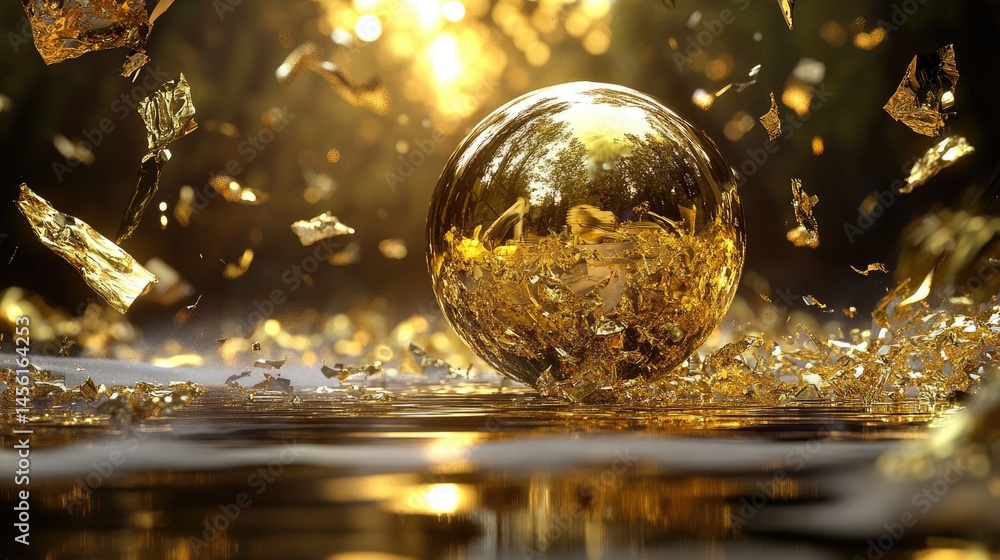 Aufkleber 3d render of sparkling fantasy scene with chaotic gold foil and digital fractal art design