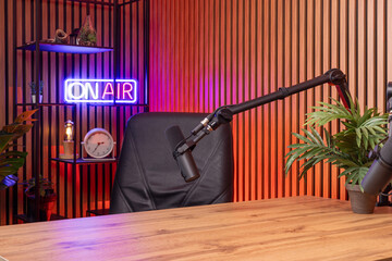 Professional podcast setup with dynamic microphone
