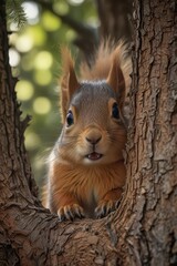 A fluffy squirrel peers inquisitively into a dark tree cavity, bright eyes wide with curiosity ,  nature,  animal,  tree