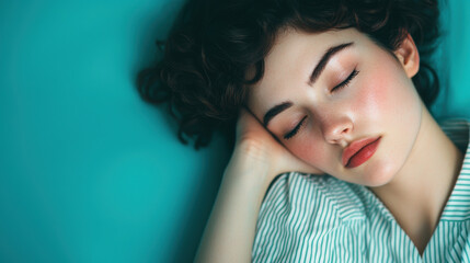 Fototapeta premium side perspective, A serene young woman peacefully resting with a tranquil expression. The calming colors enhance a sense of relaxation and introspection.