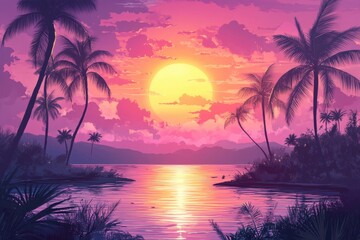 Fototapeta premium Pink sunset with palm trees over sea water view, with a big sun. Great for travel blogs, wallpaper, and evokes peace and relaxation.