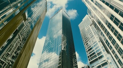 Naklejka premium Skyscrapers Reflecting Azure Skies Modern Urban Landscape and Cityscape View from Below in Architectural Wonders High Rise Buildings