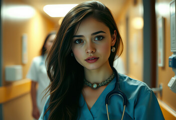 Hospital worker in nurse uniform stands confidently in a clinical setting with a stethoscope around her neck, ready to assist patients.
