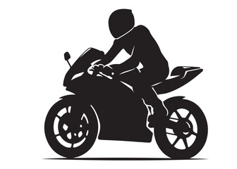Obraz premium silhouette of a motorcycle rider logo silhouette vector, speed motorcycle rider logo icon silhouette, black and white person motorcycle rider silhouette vector logo on white background