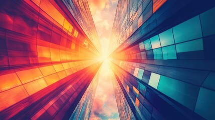 Fototapeta premium Abstract urban architecture with vibrant colors and converging lines creating a dynamic modern cityscape view from below capturing light
