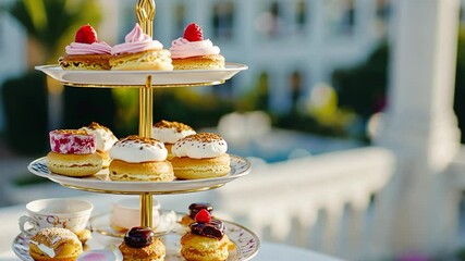 A tiered stand of assorted pastries and desserts - Powered by Adobe