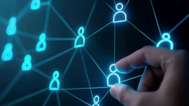 A hand selects a digital avatar from a network of interconnected users in a modern tech environment.