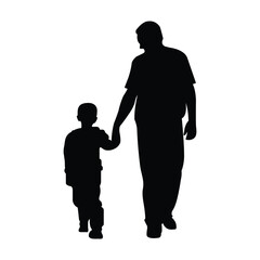 Father and son silhouette vector illustration. Bonding moment icon. The father is standing with holding the child's hand and walking isolated on white background.