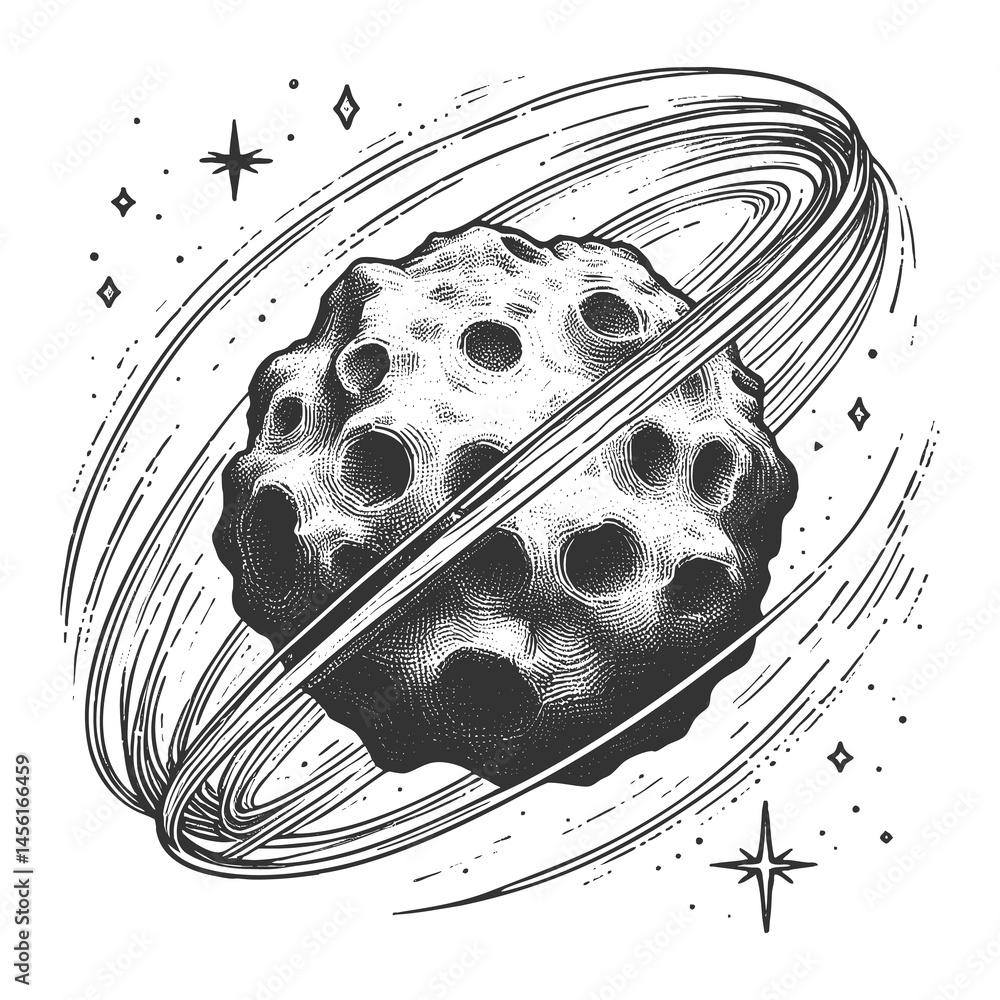 Poster asteroid traveling through outer space with dynamic motion lines, stars, and cosmic debris sketch en